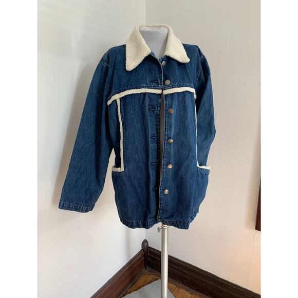 VTG Blue Denim Chore Jacket Coat Sherpa Shearling Womens XL Button Western Jean - Picture 2 of 8